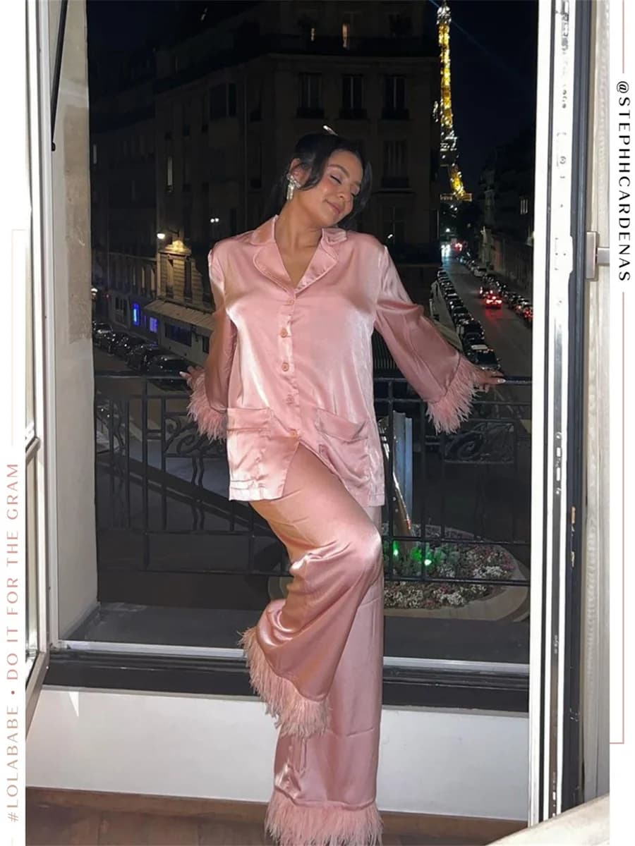 Fashion Women Satin Feather Trim Pajamas Set Solid Long Sleeve Shirt and Wide Leg Pants Cute Matching PJ Sleepwear Loungewear