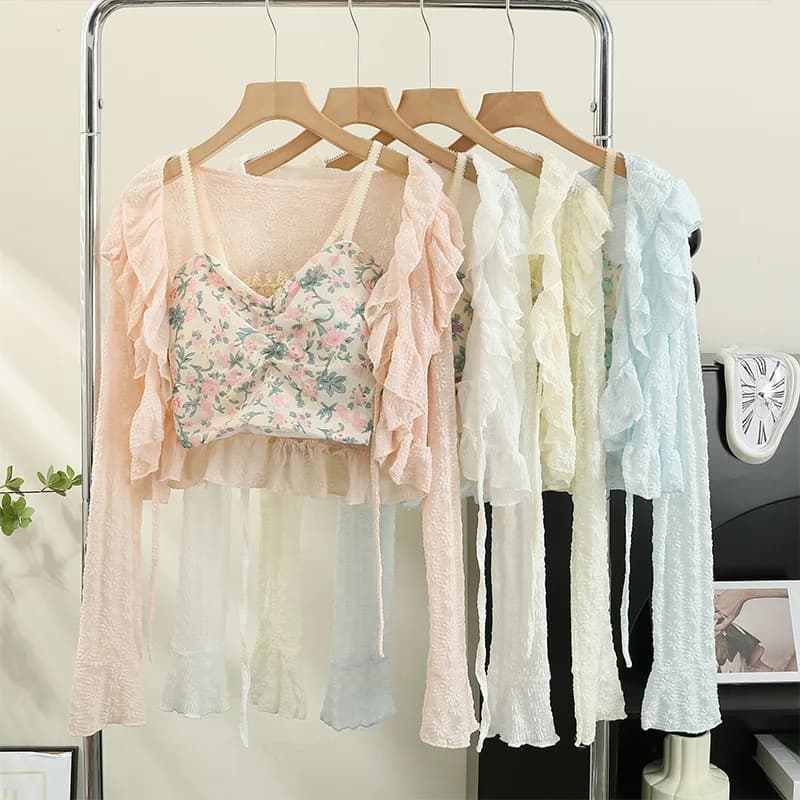 Solid Color Sun Protection Cardigan Thin Outer Cover-up Women's Lace Trumpet Sleeve Short Shawl Summer Cárdigan De Mujer