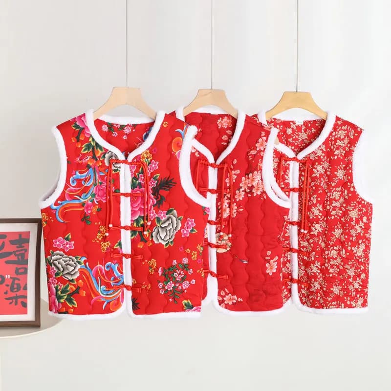 Plus size Chinese Style Knot button Cotton-padded Vest Northeast Big Flower sleeveless parkas Old-fashioned peony tang Vests