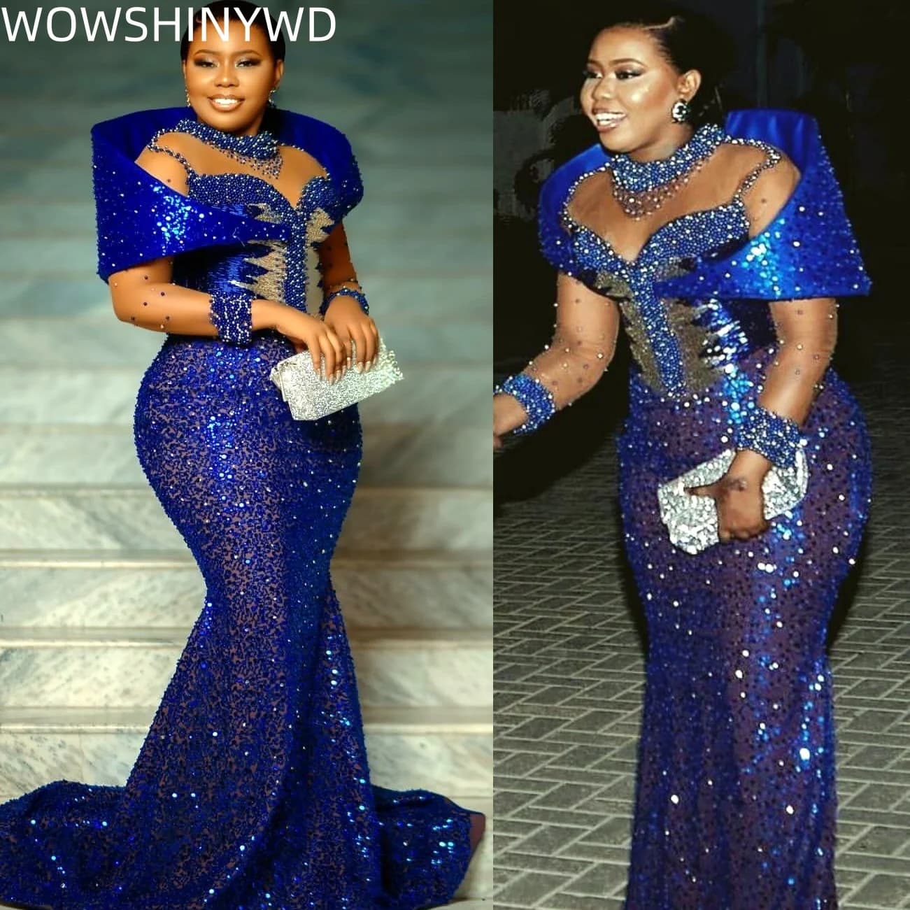 Customized 2025 Royal Blue Mermaid Prom Dresses Beaded Illusion Sequined Evening Formal Party Birthday Gowns Dresses ZJ187