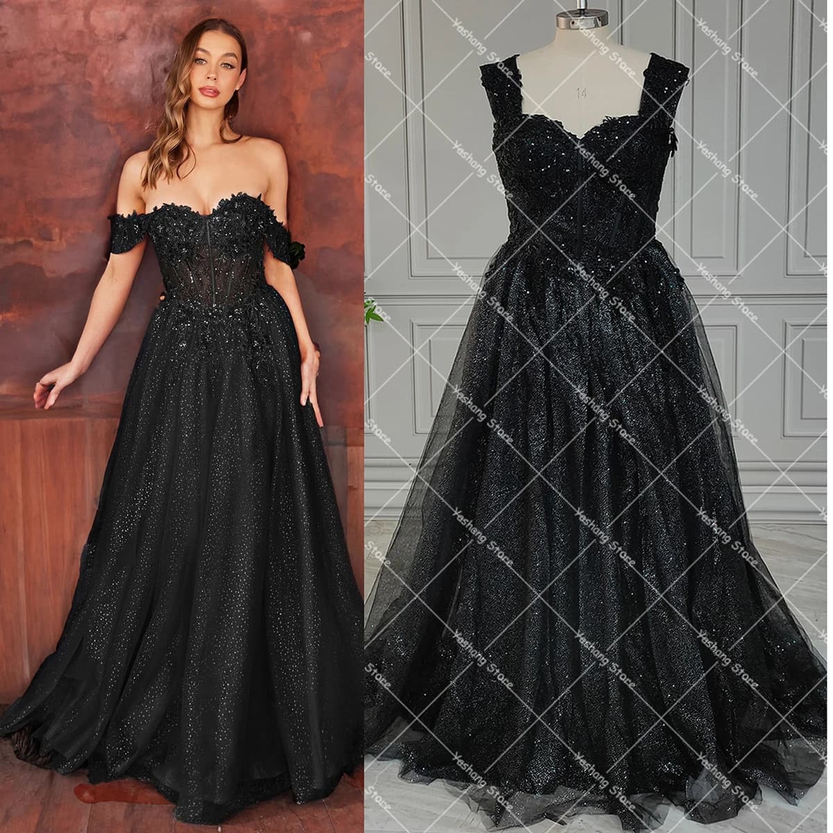 Off Shoulder Glittery Tulle Whimsical Wedding Dres Corset Bodice Sparkle Beading Lace A Line Maxi Customized Bridal Gowns