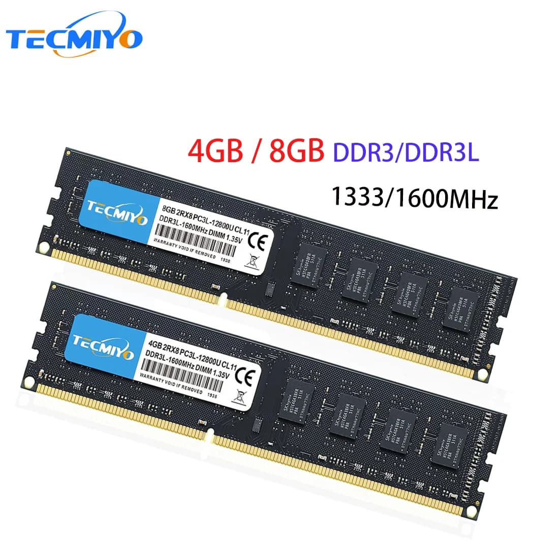 TECMIYO RAM DDR3 DDR3L 8GB 4GB DIMM for Desktop 1600 1333 Memoria 1.35V 1.5V PC3 12800S 1PC- Black