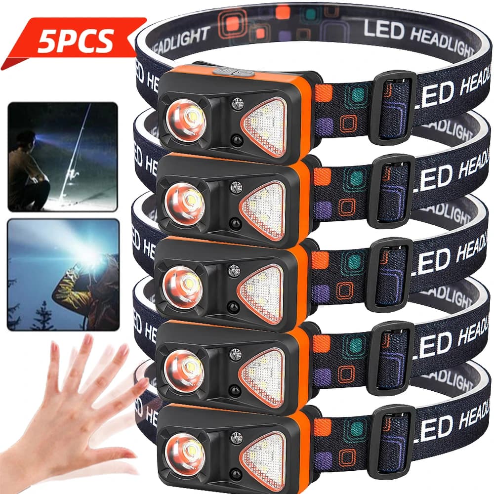 USB Rechargeable Headlamp Induction XTE LED Torch Dual Light Source Lamp with 6 Lighting Modes Outdoor Camping Fishing Lantern