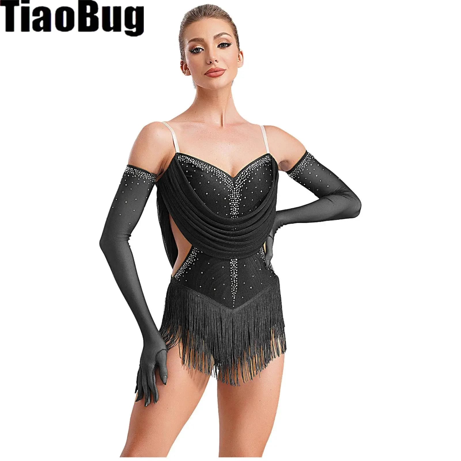 Womens Tassel Jazz Latin Dance Leotard Dress Glittery Rhinestones Adjustable Straps Cutout Fringed Bodysuit with Gloves