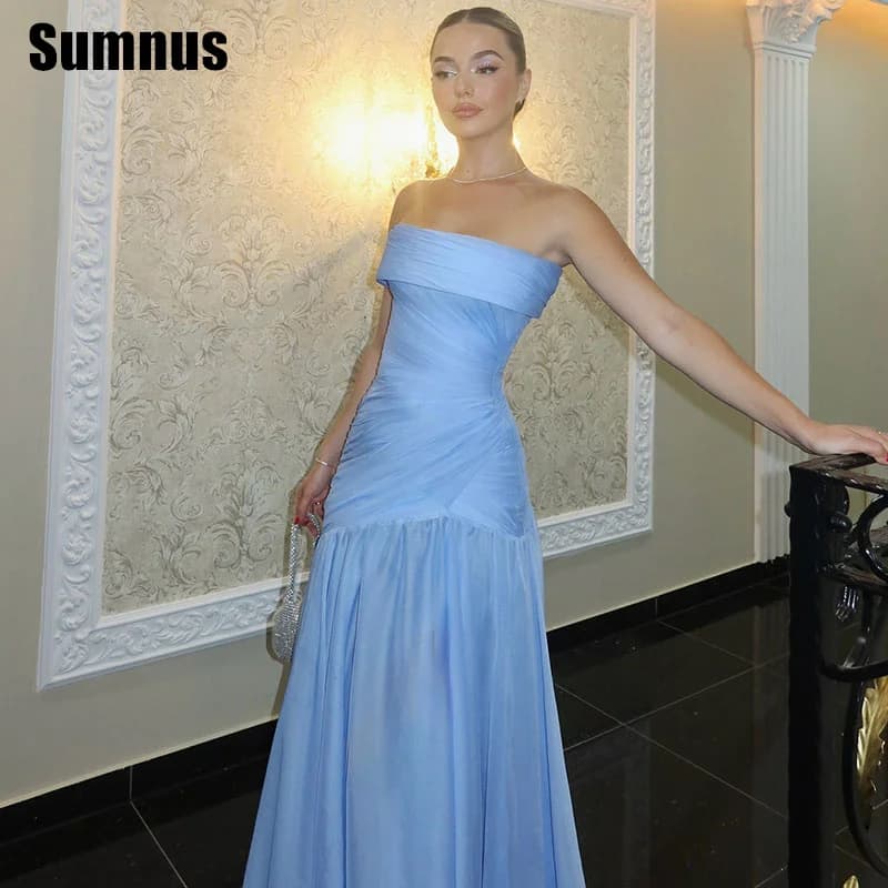 Sumnus Elegant A-Line Sky Blue Evening Dresses Floor Length Sleeveless Formal Occasion Dresses فساتين سهرة Customized