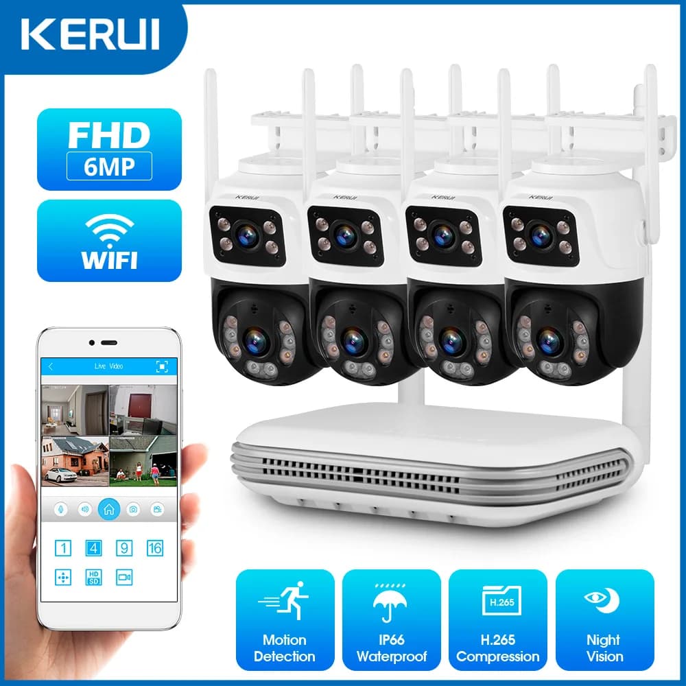 KERUI 6MP Full HD 8CH Wireless NVR Security WIFI IP Dual Lens Camera System Kit Outdoor Surveillance CCTV Audio Video Recorder
