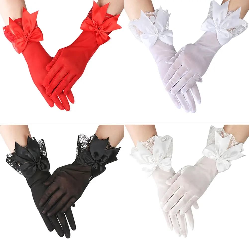 Fashion Sunscreen Chiffon White Lace Gloves Bow Driving Gloves Bride Mittens