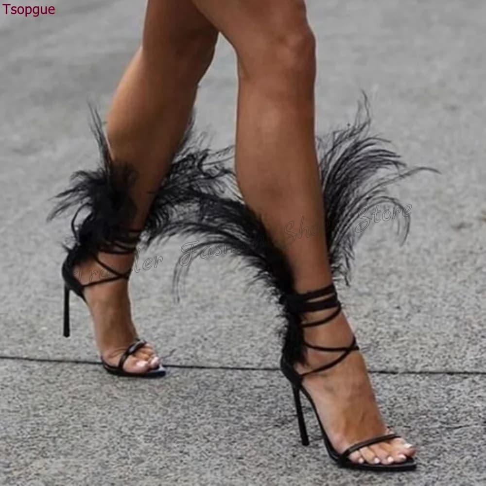 Black Feather Decor Cross Tied Sandals Stilettos High Heels High Heel Shoes for Women Fashion Heels 2024 New Zapatos Para Mujere