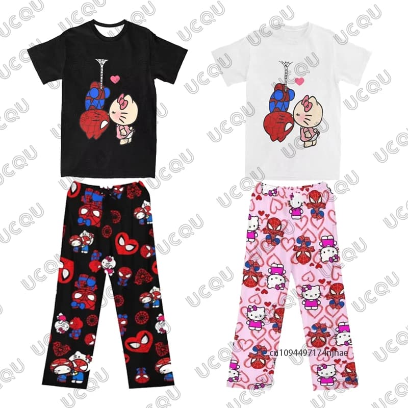 Women’s Trousers Tracksuit Hello Kitty & Spider-Man Print T Shirt+Pajamas Pants Set Casual Couple Suit Fashion 2 Piece Outfits