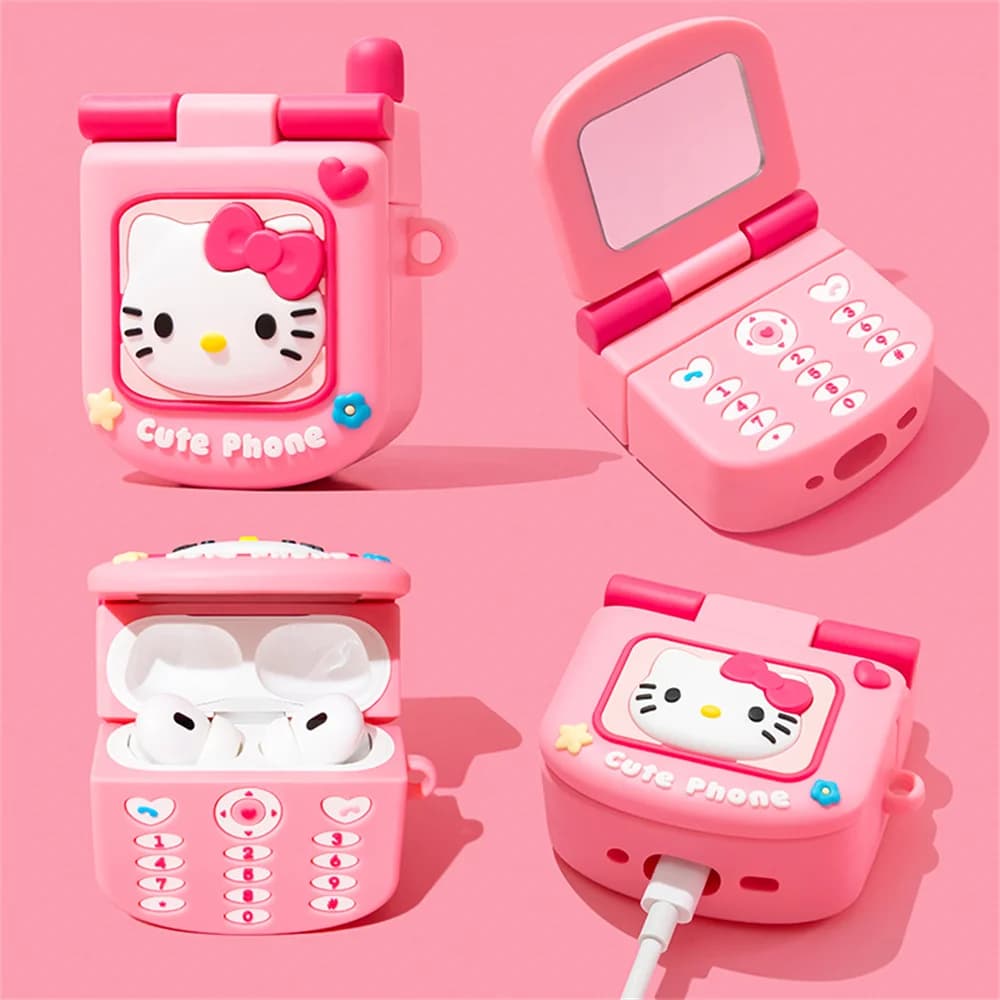 Cute Hello Kitty Flip Phone Silicone Earphone Case For Apple Airpods Pro 2 Air Pods 4 2 3 1 Wireless Headphone Protective Cover