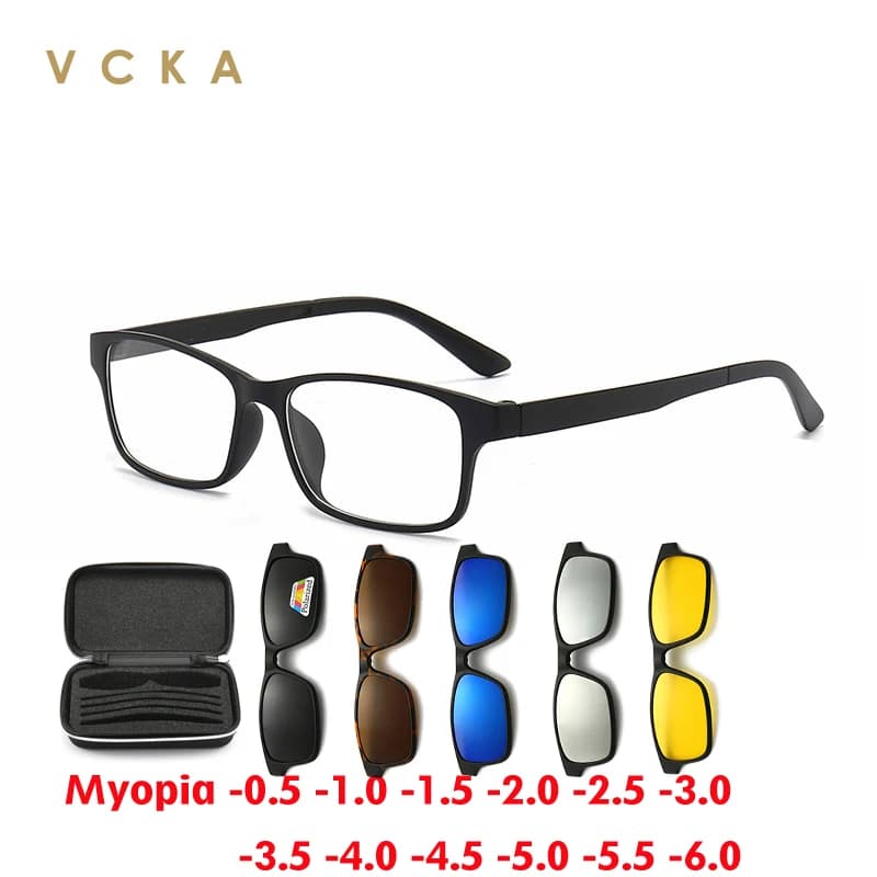 VCKA Small Square Sunglasses Myopia Glasses Frame Retro Men Women Polarized  Clips Magnetic Suction Sleeve Mirror -0.50 to -6.0