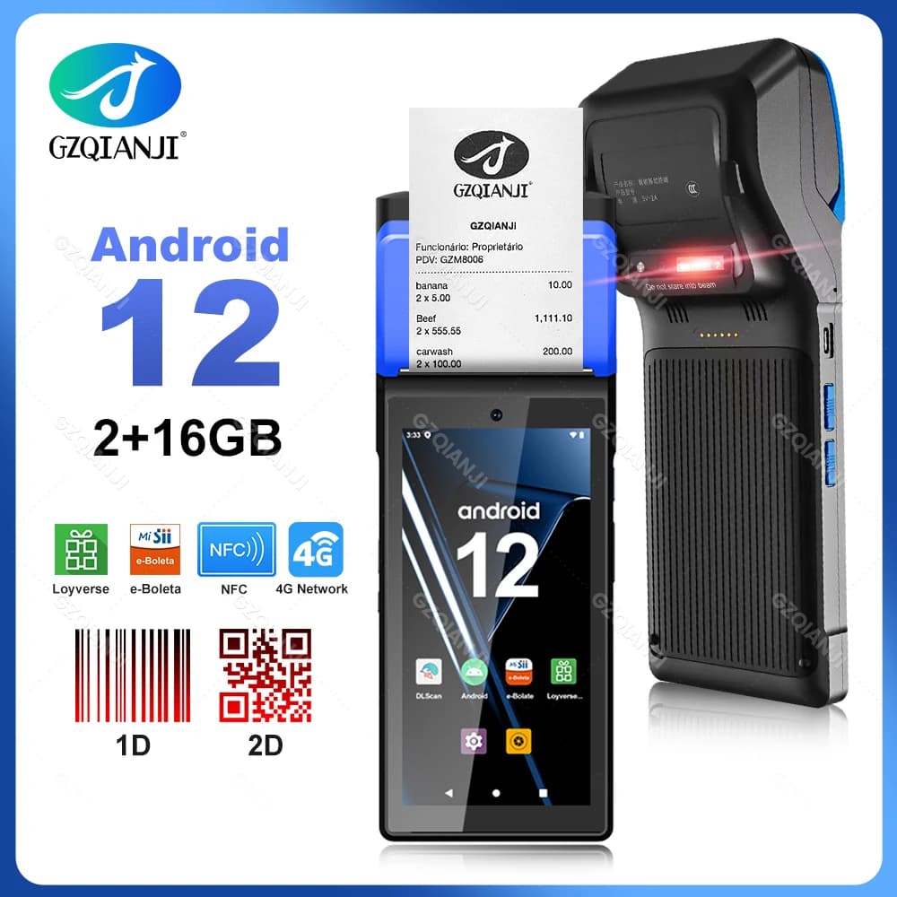 Android12 4G Wireless Wifi BT Handheld PDA POS Terminal Touch Screen Built-in 58mm Thermal Printer NFC 2D Barcode Scanner Reader