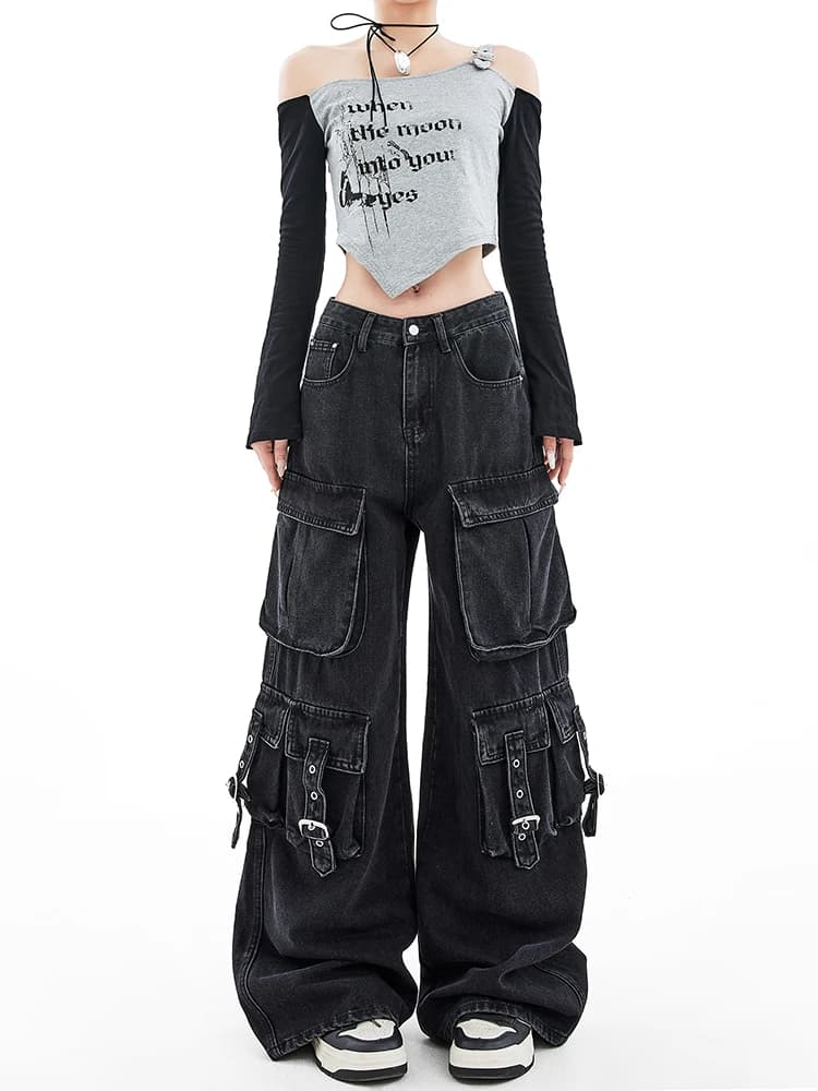 American Hip-hop Personalized Retro Washed Cargo Jeans Women Loose Straight Trousers Niche Design Wide Leg Pants