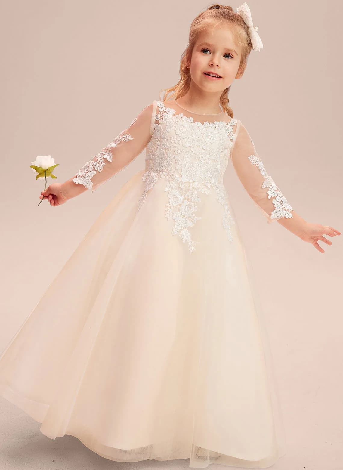 A-line Dewspoon floor-length lace/tulle floral child dress Junior Bridesmaid dress Girl wedding birthday dress/customizable