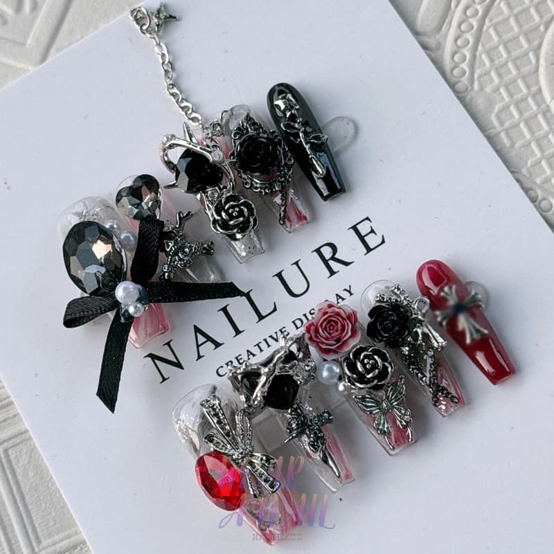 ﻿ Handmade 10pcs Wearable Punk Press on Nails y2k Diamond Glittering Decor Full Cover Nails Reusable Long Acrylic False Nails