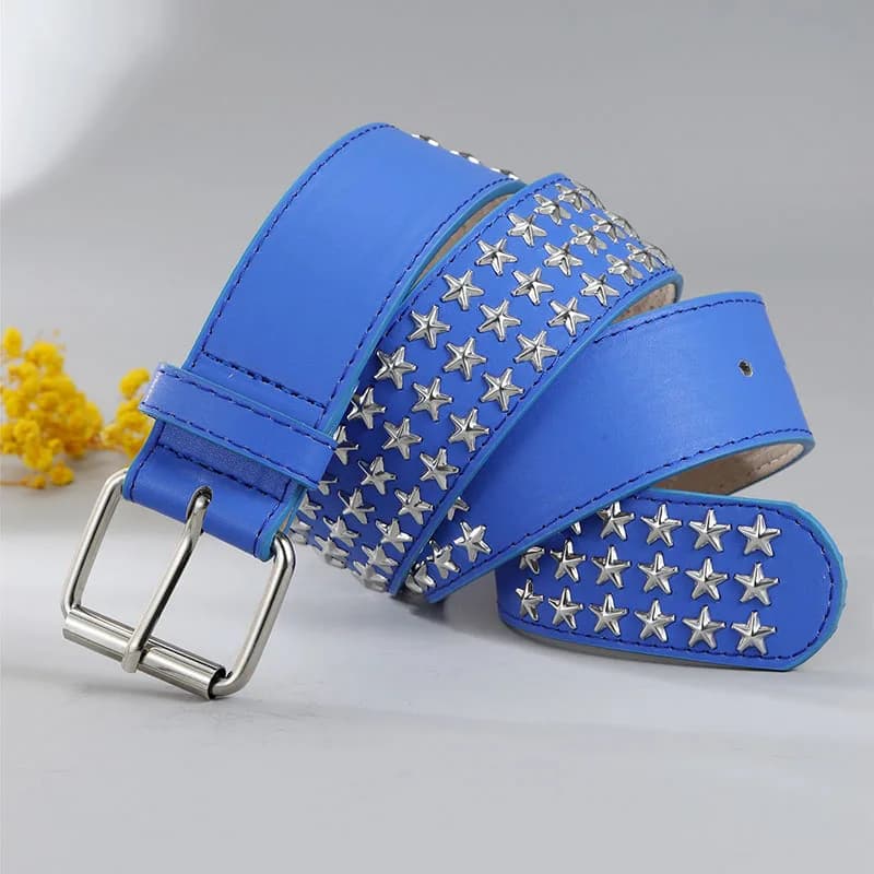 men's casual studded belts soft leather star belt party nightclub dress womens stylish waistband pin buckle strapon blue brown