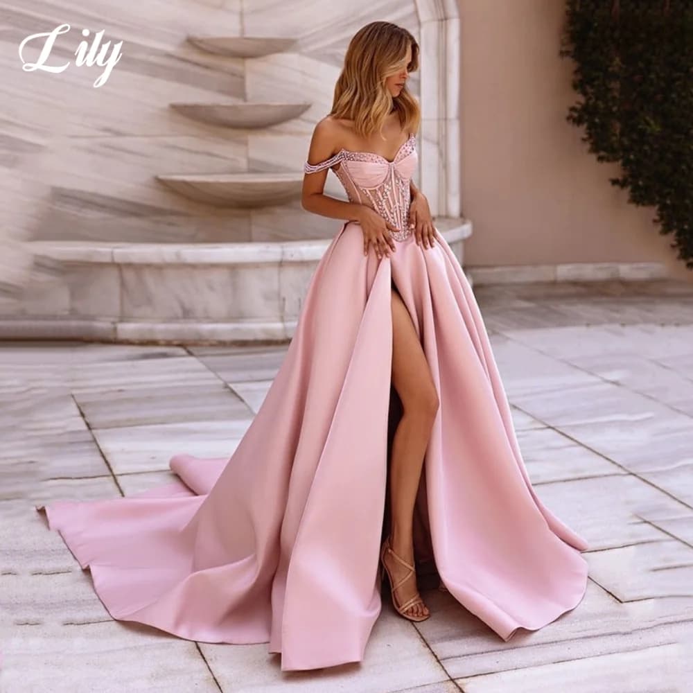Lily Pink A-Line Prom Dress Off The Shoulder Backless Party Gowns Sweetheart Pearls Formal Evening Dress حزب فساتين Customized
