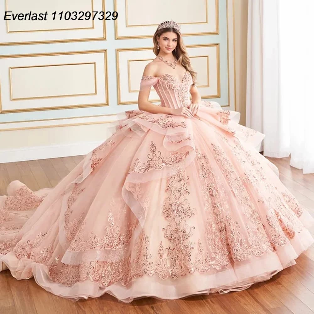 EVLAST Customized Blush Pink Quinceanera Dress Ball Gown Shiny Lace Applique Beading Ruffles Sweet 16 Vestidos De 15 Anos TQD840