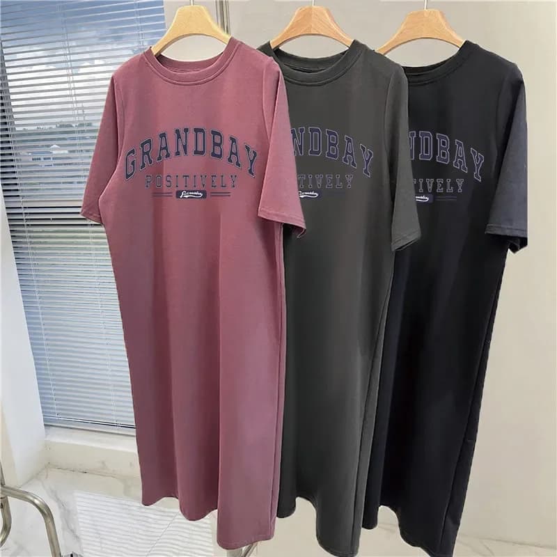 Summer Fashion Casual Trend Retro Letter-print Plus-size Loose Dress Women's Round Neck Casual Short-sleeved Home Wear