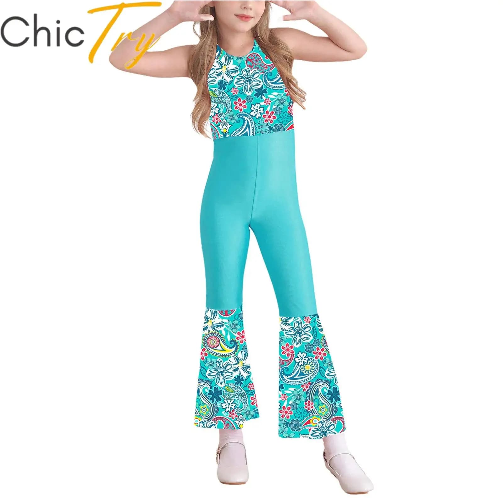 Kid Girls 70s Disco Dance Cosplay Costume Halloween Jumpsuit Sleeveless Open Back High Waist Bell Bottom Pants Bodysuit Dress Up