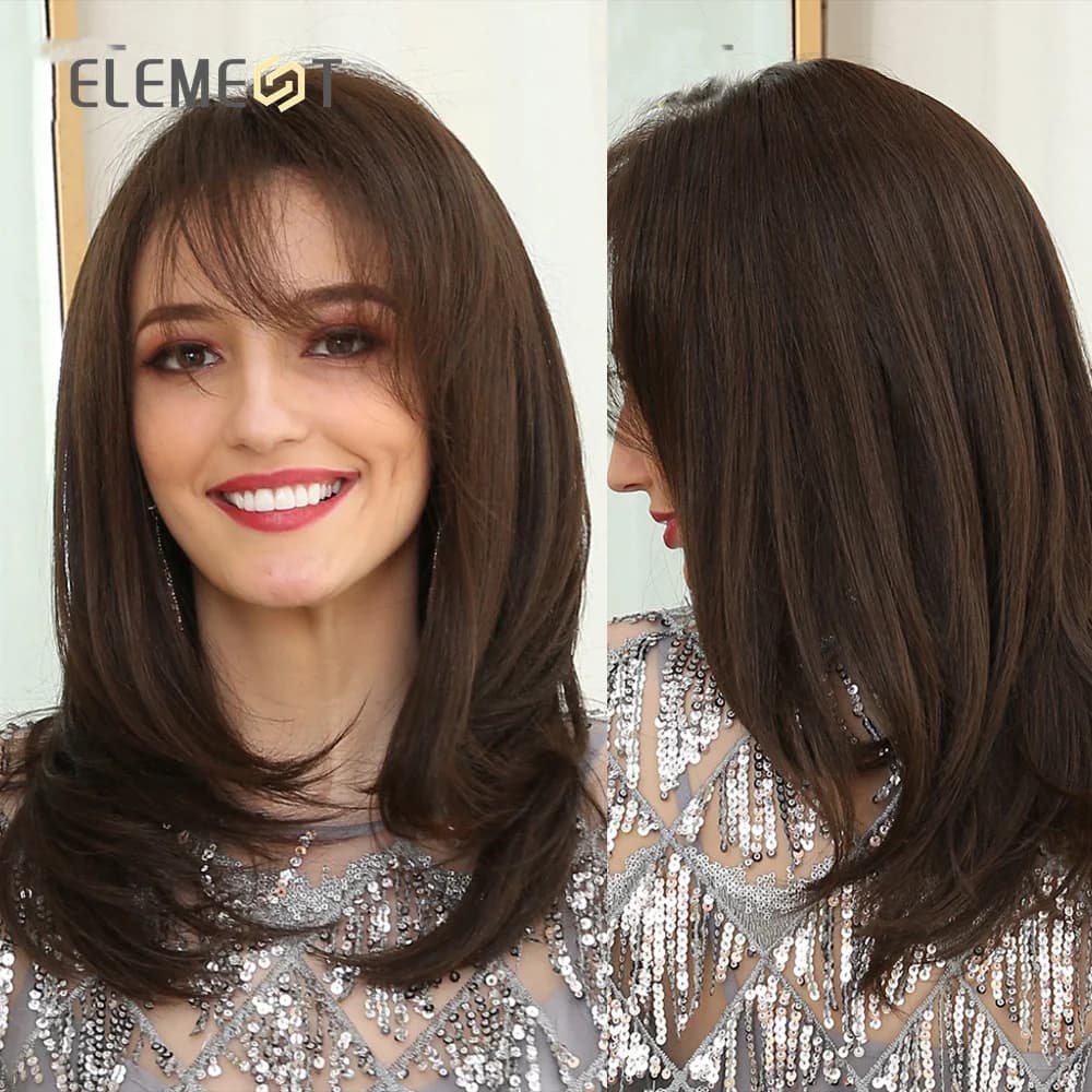 Element Medium Length Synthetic Straight Natural Brown Wigs with Side Bangs Heat Resistant Party Wigs for White/Black Women