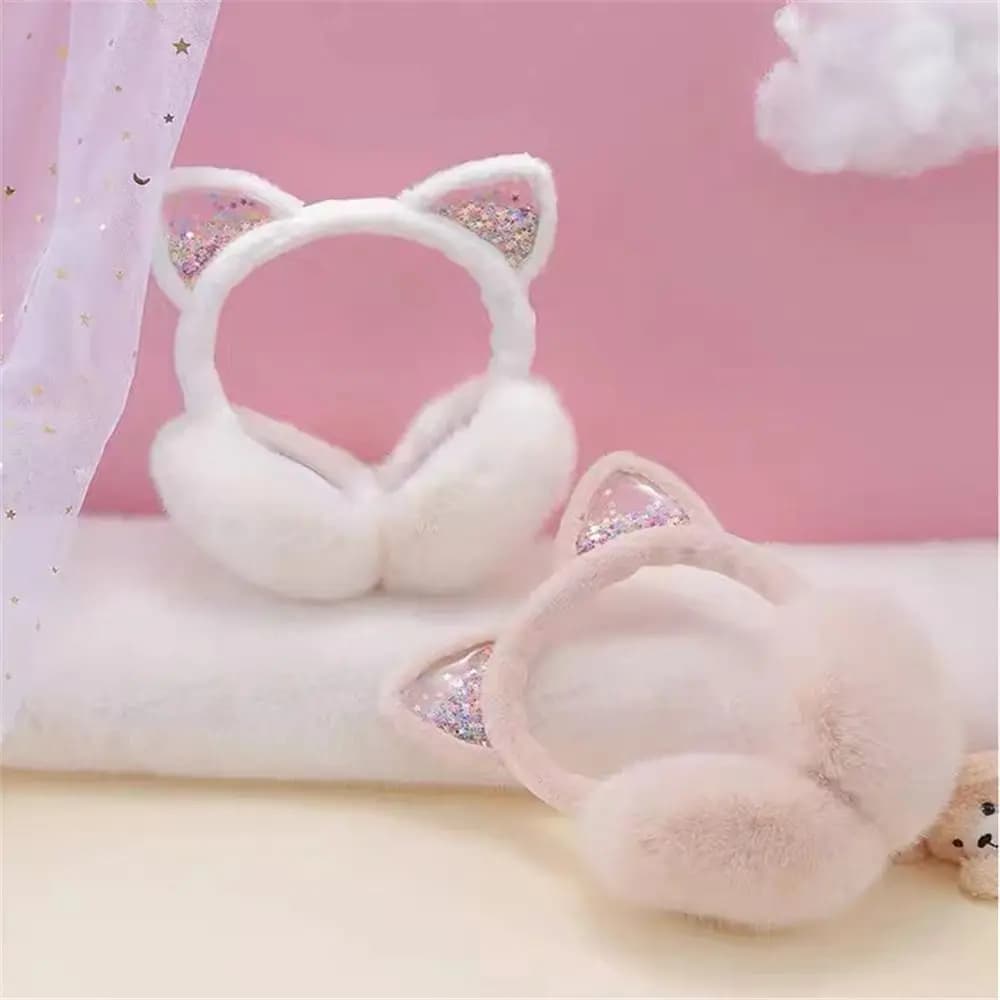 Winter Soft & Warm Animal Earmuffs Foldable Cat Ears Ear Warmers Furry Fleece Ear Covers for Kids Girls