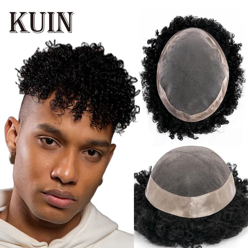 Qhp Men Capillary Prosthesis Fine Mono Npu Toupee Straight Curly Human Hair Wig Man Durable Natural Hair Systems