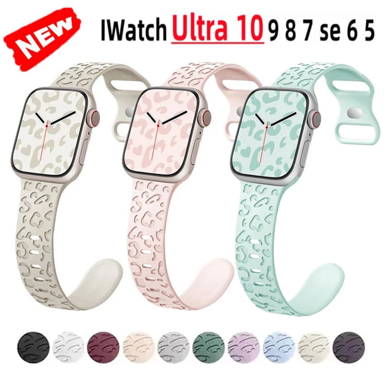 Engraved Leopard For Apple Watch Straps 40mm 44mm 42mm 45mm 41mm 49mm 38mm Silicone Bracelet Series 9 8 7 SE 6 5 4 ultra2 3 band