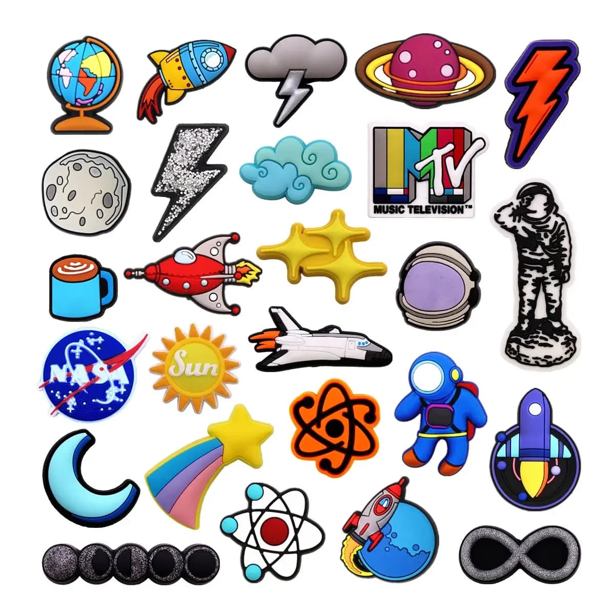 1pcs Original MTV Spaceman PVC Shoe Charms Decorations Designer Upper Buckle Accessories Planet Spacecraft Shapes Clog Pin Clips