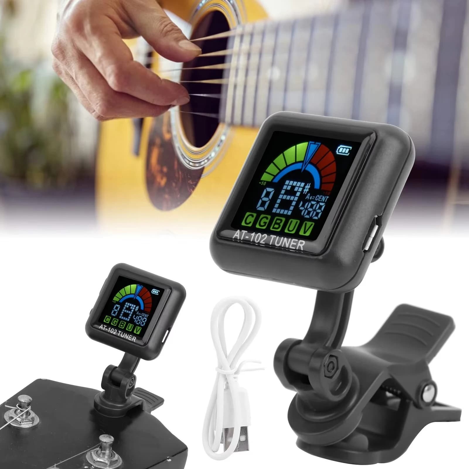 Aroma AT-102 Rechargeable Guitar Tuner with Editing, Color Screen, Built in Battery, Color Guitar USB Cable, Bass, Quartet