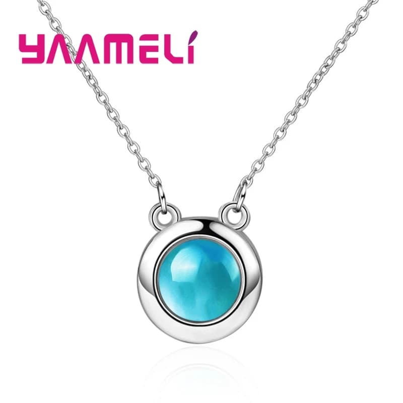 Minimalist Hot Sale Round Blue CZ Stone Sparkling 925 Sterling Silver Necklace For Loverly Woman Girls Trendy Festival Gift