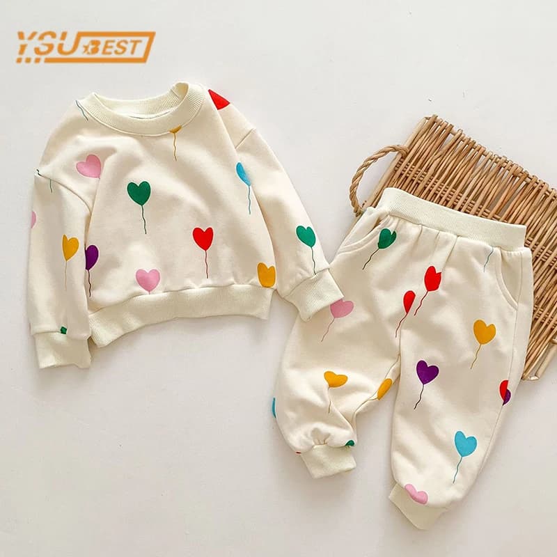 Infant Kids Baby Boys Girls Long Sleeve Love Heart Print Tops + Pants Clothing Sets Baby Girl Boy Children's Clothes Suit