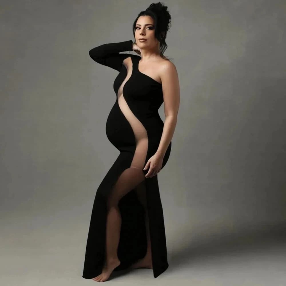 Stretch Maternity Photoshoot Dresses Sexy Black One Shoulder Evening Gowns Elegant Long Sleeve Pregnant Women Photography Outfit