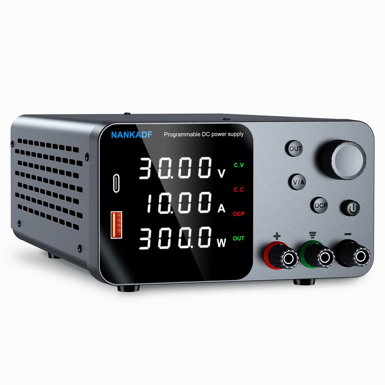 30V 5A 10A Lab Adjustable DC Power Supply with 4-Digit LED Display; USB-A/Type-C 5V/3.6A Fast Charge with Encoder Adjustment
