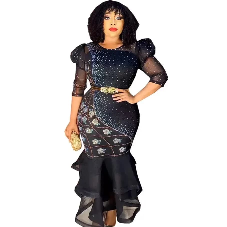 African Dresses for Women Sequin Evening Wedding Party Mermaid Dress African Half Sleeve Long Dress Dashiki African Clothes