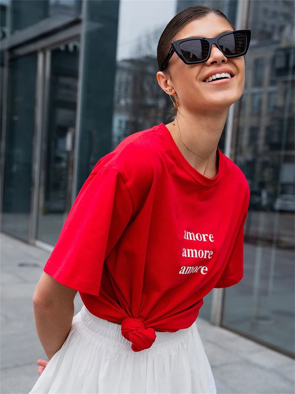 Red Oversized T-Shirt with Amore Amore Amore Print Women's T-Shirt Cotton Simple Design Summer Fashion Tee Boutique Drop Sleeve