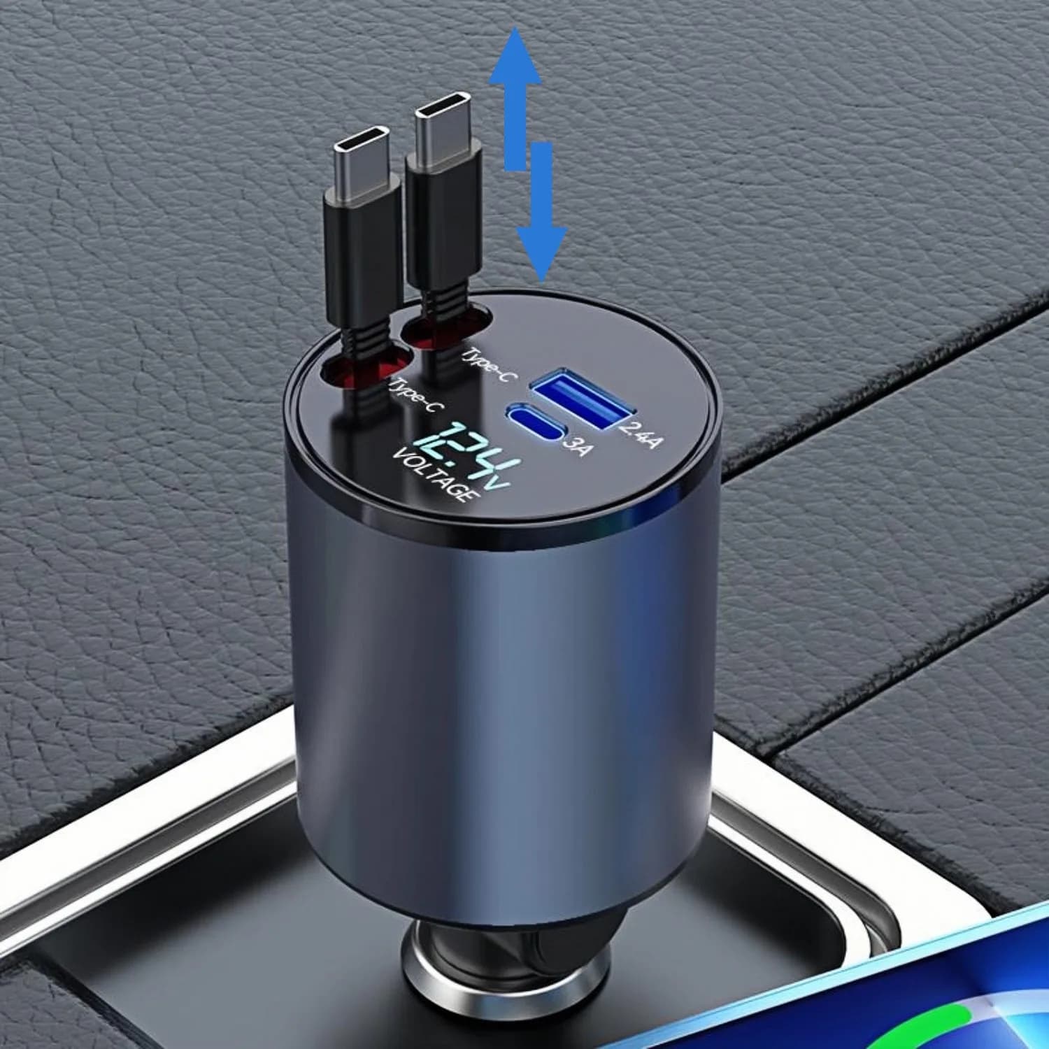 Retractable Car Charger, 4-in-1 Fast Car Phone Charger Dual Type-C 120W Cigarette Lighter USB Car Charger Adapter for iPhone