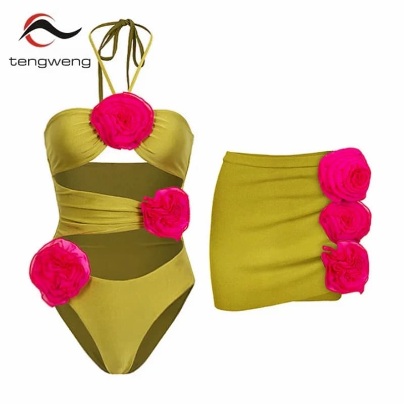 Hollowen One Piece Swimsuit With Cover Up Sexy Swimwear Women Off Shoulder Swim Suits Patchwork Bathsuit Belt Bodysuit Beachwear