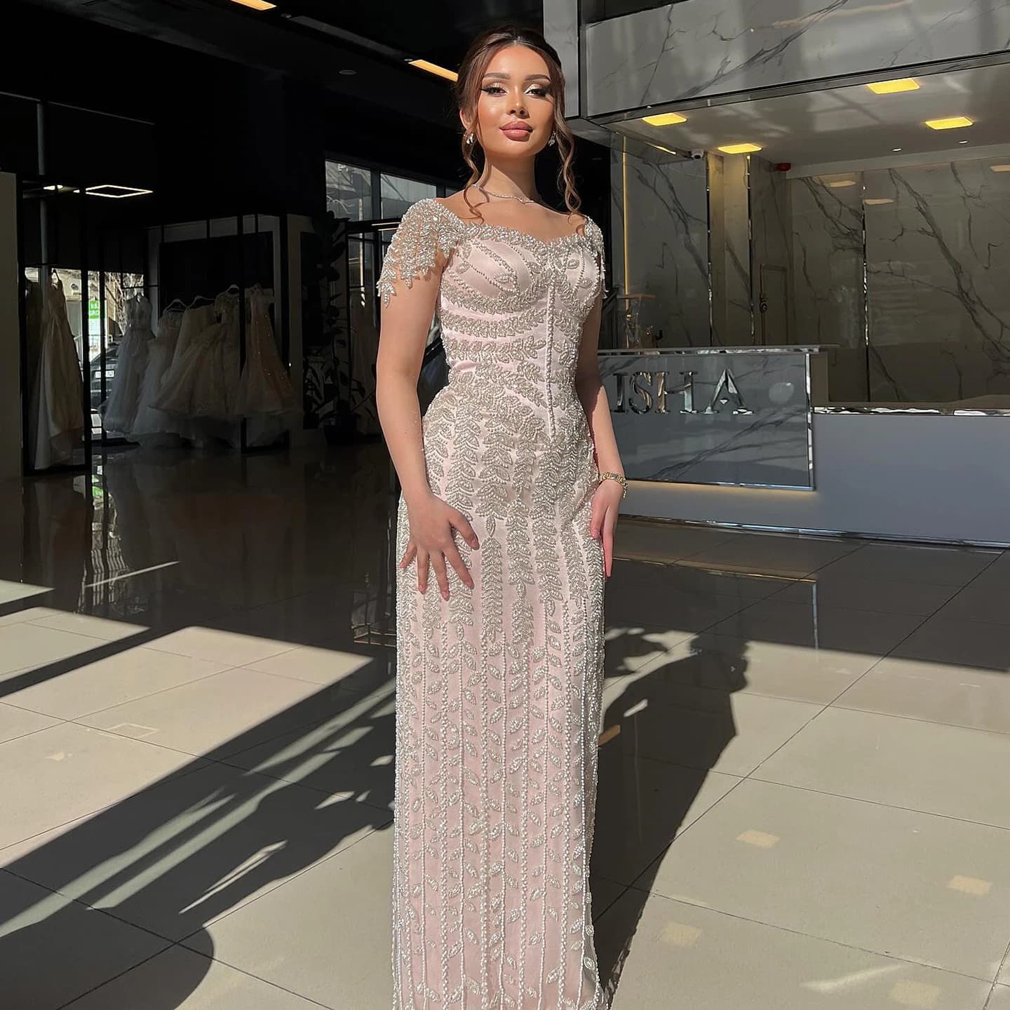 Sharon Said Saudi Arabic Cream Straight Luxury Pink Evening Dress for Women Wedding Elegant Formal Party Gowns SS712 Customized