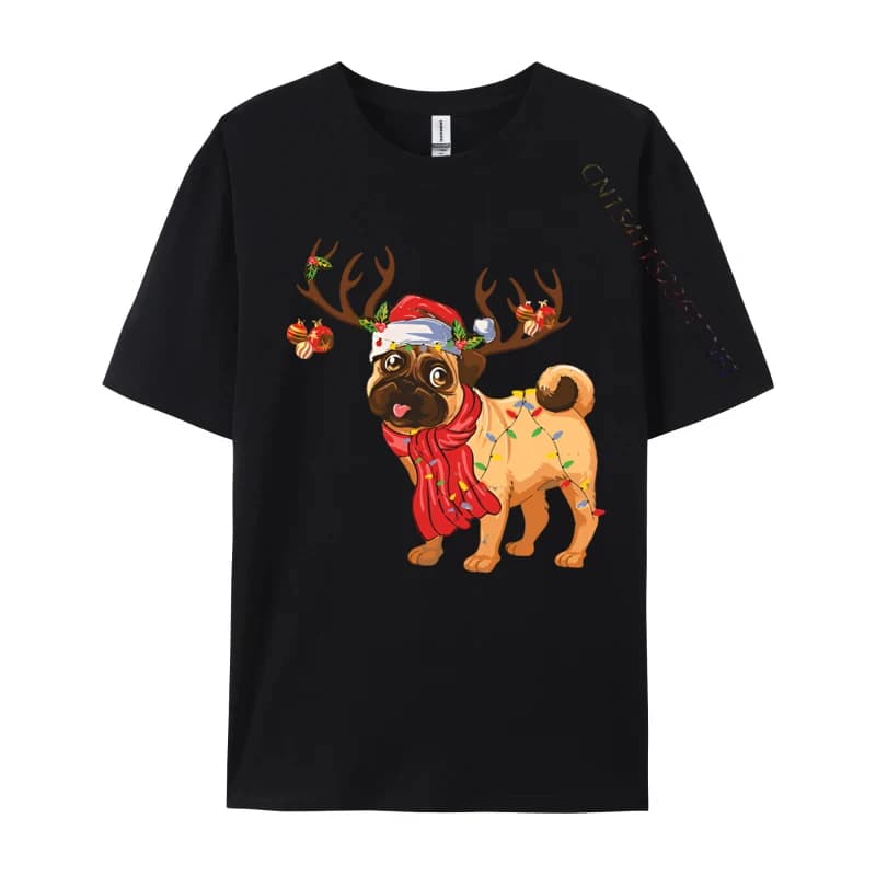 Xs Graphic T Shirts Pug Christmas Tree Lights Santa Dog Xmas T-shirt Printed Men's Cotton T-Shirt Oversized