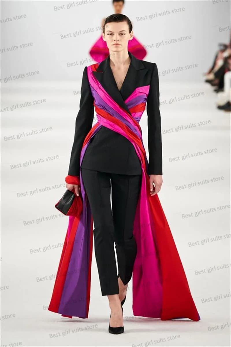 Catwalk Women Suit Set Blazer+Pants 2 Pieces Formal Wedding Guest Prom Dress With Colorful Strap Custom Made Jacket Coat