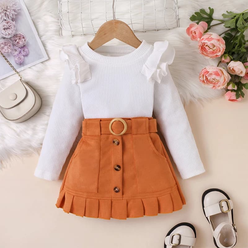 Toddler Girls 2Pcs Fall Outfits Long Sleeve Ruffled Solid Color Ribbed Tops + Belted Skirt Set Baby Clothes