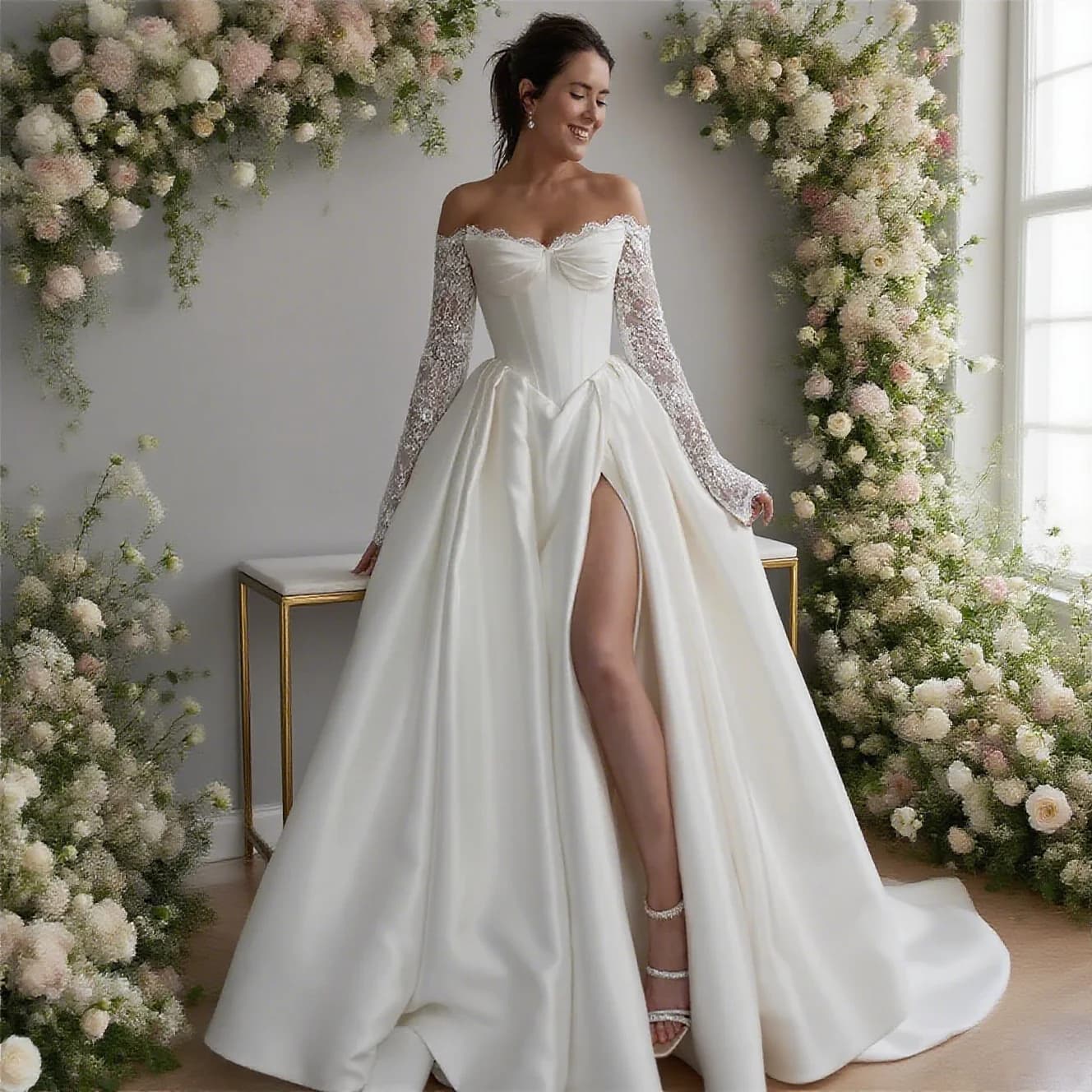 Customized Off Shoulder Long Appliques Sleeves Satin A-Line Wedding Elegant Lace-up Back Floor Length Side Slit Gown For Bride