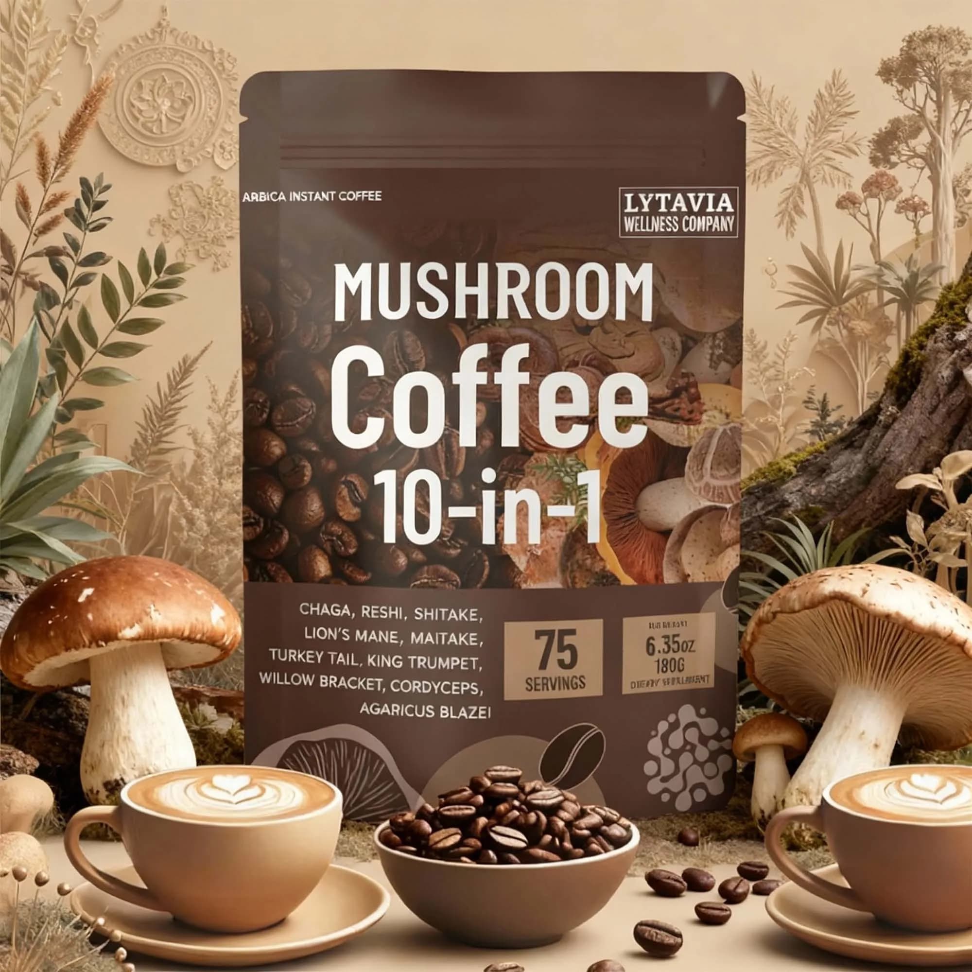 Mushroom Coffee With 10 Adaptogenic Mushrooms And MCT Oil, USA Grown Instant Coffee, With Turkey Tail, Shiitake, Lion'S Mane