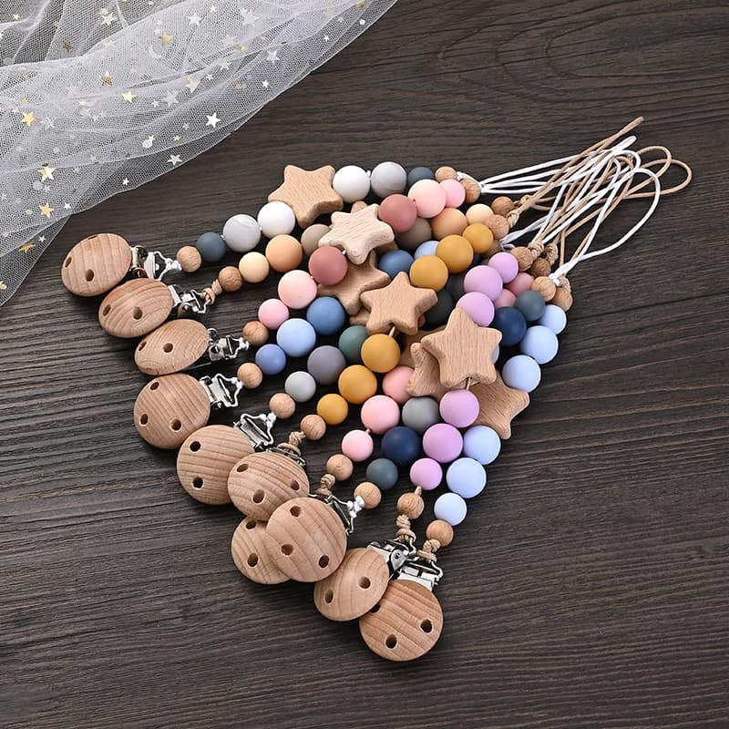 Baby Pacifier Chain Clips Wood Pentagram Teether Silicone Round Beads Teething Chain For Baby Care Soother Chew Toys Shower Gift
