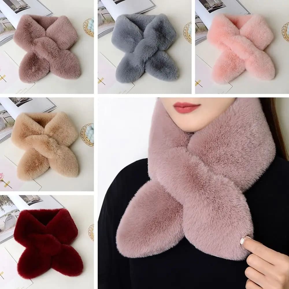 Cute Solid Color Cross Scarf Faux Rabbit Fur Plush Thicken Neckerchief Wrap Shawl Women
