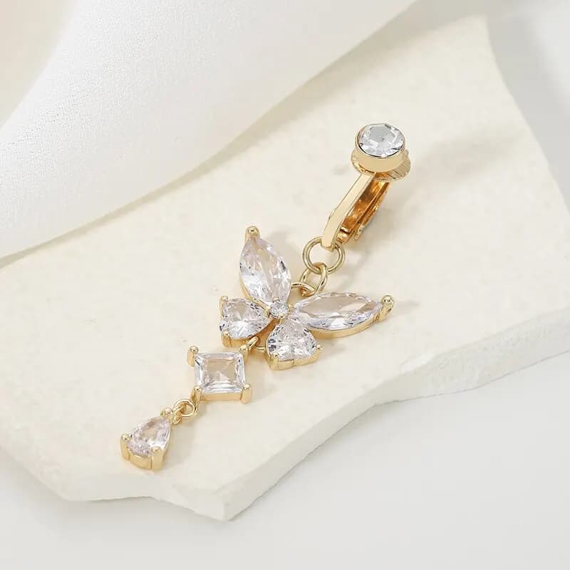 Clip On Belly Button Ring Butterfly Shape Copper Zircon Fake Belly Piercing Umbilical Navel Body Jewelry Trendy Fashion Style