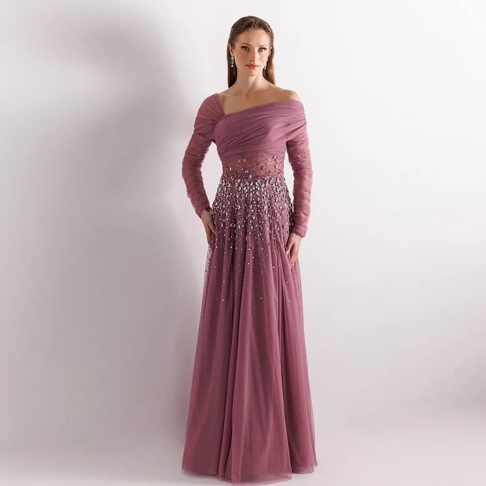 Classic Arabian Evening Dress Customized Long Sleeves Heavy Beading Sequined A Line Formal Occasion Dresses Arab Prom Gown
