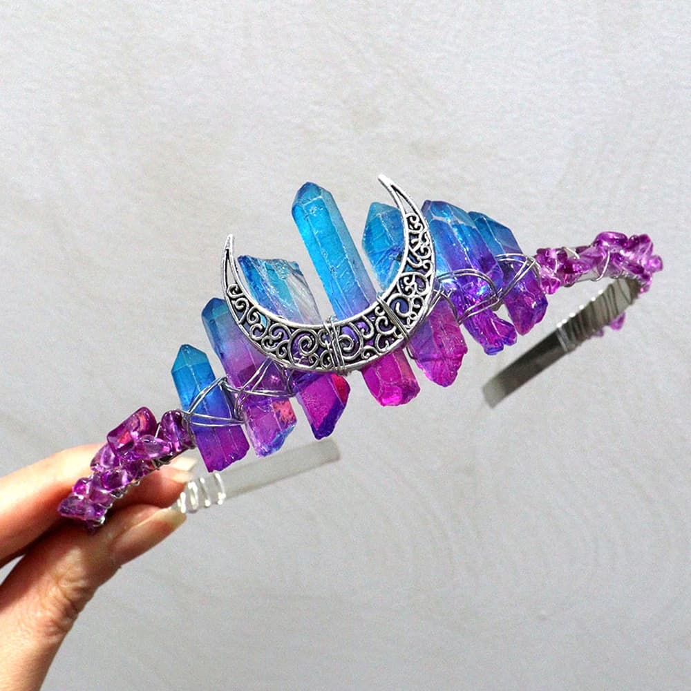 Natural Crystal Witch Tiara Bridal Crushed Stone Crown Headband Handmade Jewelry Gift Ancient Silver Color Moon Hair Accessories