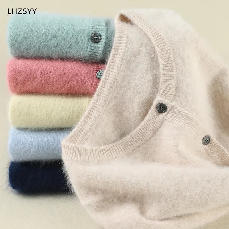 Women Cardigan Large Size Warm Pure Mink Cashmere Sweaters O-neck Loose Coat Female Sweater Ladies' Jacket Solid Knit Cardigans